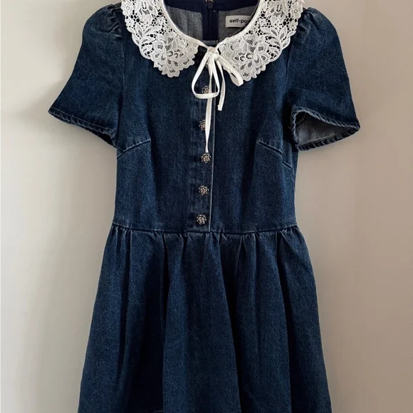 Self-Portrait denim Mini Dress with White Lace Collar size 2 - Picture 4 of 10